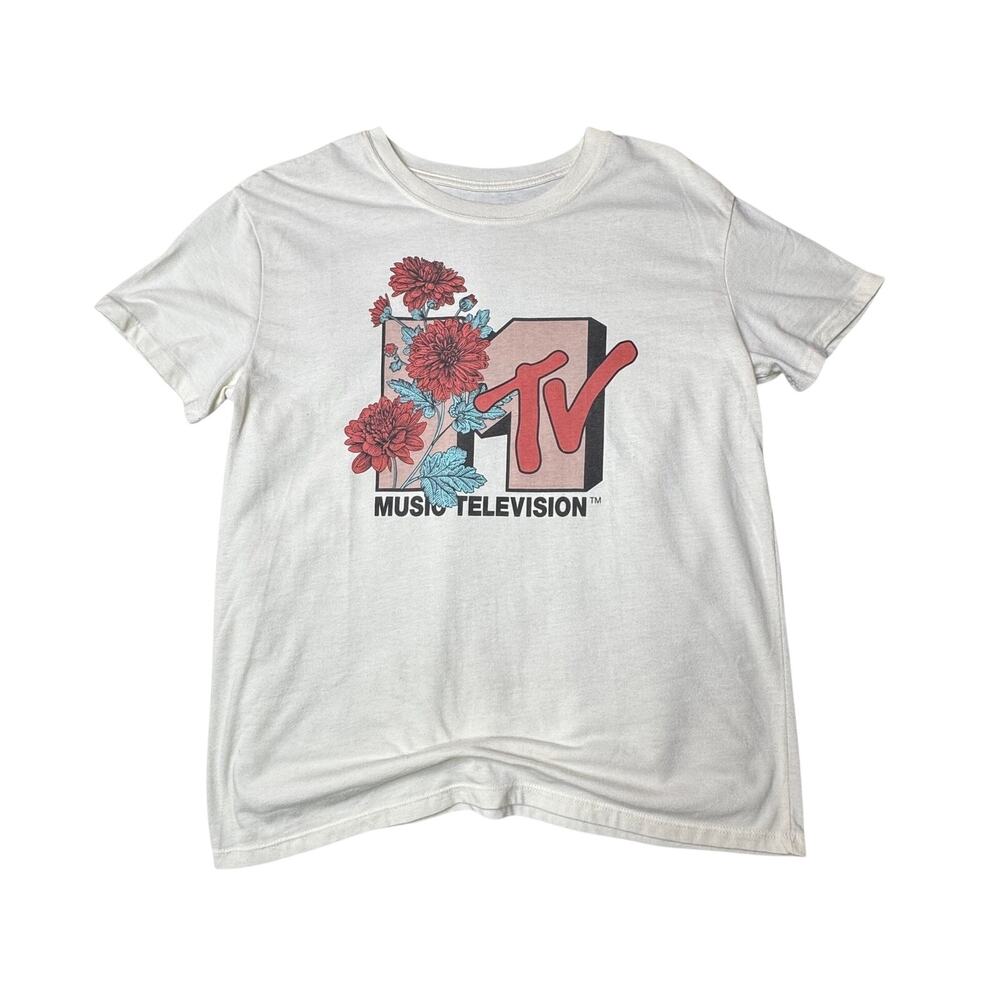 MTV Ivory Cream Floral Graphic T-Shirt Size Large - Picture 2 of 9